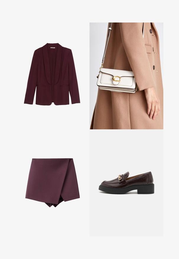 Burgundska blejzer s šalom ovratnikom, dvostrukim prednjim džepovima i glatkom teksturom tkanine. Strukirana silueta s dugim rukavima i bez dugmadi.; Sivi pleteni pulover s okruglim izrezom, spuštenim ramenima i rebrastim manžetama. Mekana tekstura i širok kroj. Bez uzoraka ili naglašavanja.; Tamno ljubičasta asimetrična mini suknja s dizajnom omote i glatkom teksturom tkanine.; Smešani smeđi kožni loafer s zlatnim kopčanjem, crnim blok-petom i glatkom teksturom. Bočni prikaz pokazuje zaobljeni nos i šivanu obradu.; Bijela kožna torba na preklop s zlatnom kopčom, s izrađenim dizajnom, kontrastnim rubovima i tankim podešivim remenom.