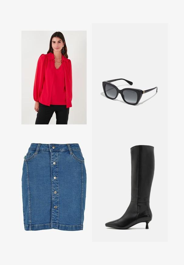 Burgundský blejzer s golierom, dvojitými prednými vreckami a hladkým textúrou látky. Struktúrovaný strih s dlhými rukávmi a bez gombíkov.; Červená blúzka s golierom, balónovými rukávmi, hladkou textúrou, vrstveným dizajnom a výstrihom do V. Nosená nad zladeným topom. Čierne nohavice.; Džínová sukňa so zapínaním na prednej strane, priliehavý strih, svetlomodrá farba a jemné detaily prešitia.; Zign Čižmy - black; Čierne slnečné okuliare s odvážnym, uhlovým dizajnom mačacích očí, so šedými gradientovými šošovkami a zlatou logovou ozdobou na stranách.; Hnedá semišová taška cez rameno s hobo dizajnom. Má široké otváranie, jemnú textúru a bezšvovú, zaoblenú rukoväť pre jednoduché nosenie.