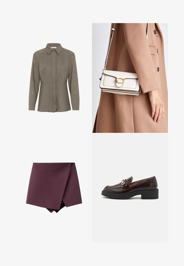 Burgundska blazerja s šalom, dvema sprednjima žepoma in gladko teksturo tkanine. Strukturiran kroj z dolgimi rokavi in brez gumbov.; Temno olivno zelena bluzica s strukturovanim ovratnikom, dolgimi rokavi okrašenimi s srebrnimi žebljički in prilegnjenim krojem okoli pasu.; Temno vijolična asimetrična mini krila z oblikovanjem z ovitkom in gladko teksturo tkanine.; Rjavi usnjeni loafer z zlatim okrasnim zaponko, črn blokast peto in gladko teksturo. Bočni pogled prikazuje zaobljen toe in šivano detajliranje.; Bela usnjena torbica za čez ramo z zlatim zapiranjem, ki ima strukturirano zasnovo, kontrastne robove in tanek nastavljiv trak.