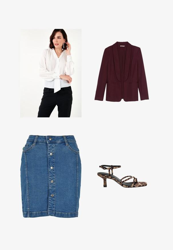 Burgundy blazer with a shawl collar, dual front pockets, and a smooth fabric texture. Structured fit with long sleeves and no buttons.; White, sheer blouse with balloon sleeves, a neckline bow tie, and buttoned cuffs, paired with black pants. Smooth texture.; White cotton t-shirt with short sleeves, v-neck design, featuring a small navy logo on the left chest and a straight hem.; Denim skirt featuring a front button closure, a fitted design, light blue color, and subtle stitching details.; Leopard print heeled sandals with a square toe, multiple straps, and a mid-height heel. Crafted from soft textile material.