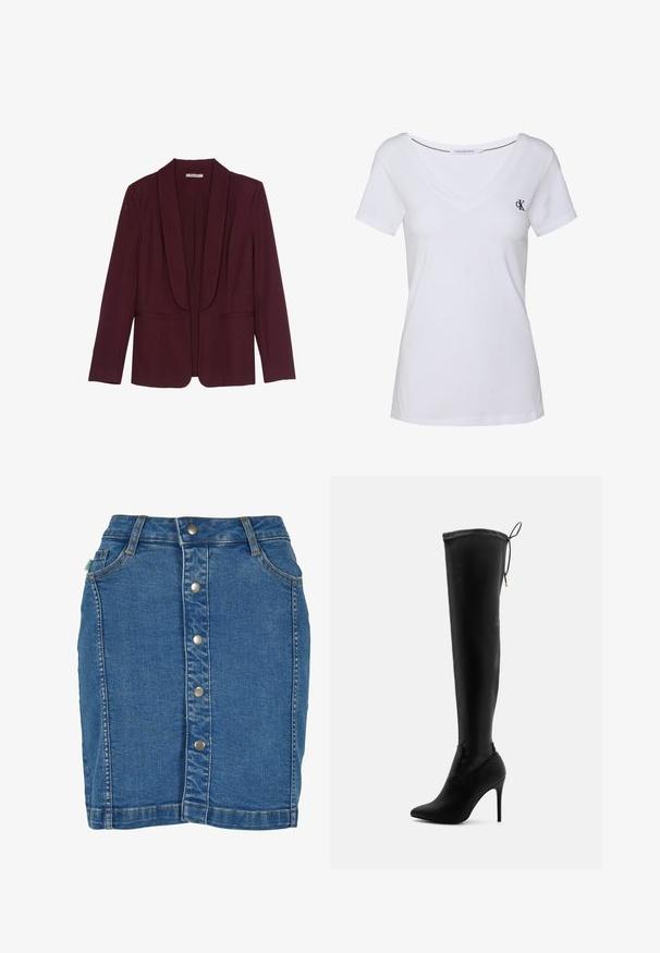 Burgundi värvi bleiser, millel on krae ja kaks esikot. Sujuv tekstuur ning struktureeritud lõige koos pikkade varrukatega ja ilma nööpideta.; Valge puuvillane T-särk lühikeste varrukatega, V-kaelusega disain, millel on vasakul rinnal väike tumesinine logo ja sirge alläär.; Denim seelik, millel on eesnupud, keha lähedane lõige, helesinine värv ja diskreetsed õmblused.; Mustmust üle põlve saapad, mis on valmistatud siledast sünteetilisest materjalist, terava nina, kõrge stilettokandiga ja reguleeritavate nööpidega ülaosas.