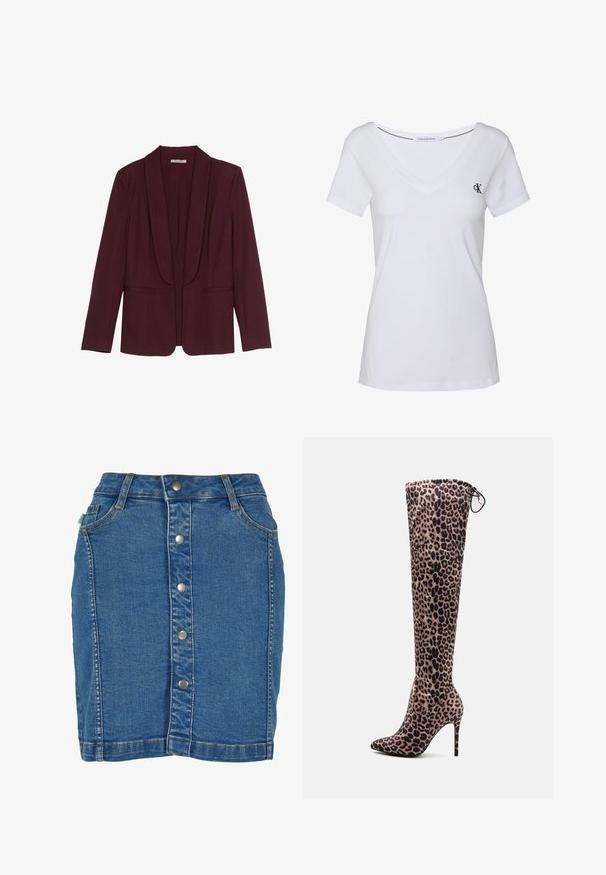 Burgundi blézer sálgallérral, dupla elülső zsebbel és sima anyagtextúrával. Strukturált szabás hosszú ujjakkal és gombok nélkül.; Fehér pamut póló rövid ujjakkal, V-nyakú kialakítással, bal mellen egy kis sötétkék logóval és egyenes aljjal.; Farmernadrág szoknya elől gombos záródással, testhezálló szabással, világoskék színben és finom varrási részletekkel.; Puha anyagból készült, leopárdmintás, combig érő csizma, hegyes orral és tűsarokkal. Húzózsinór részlet a felső részen.