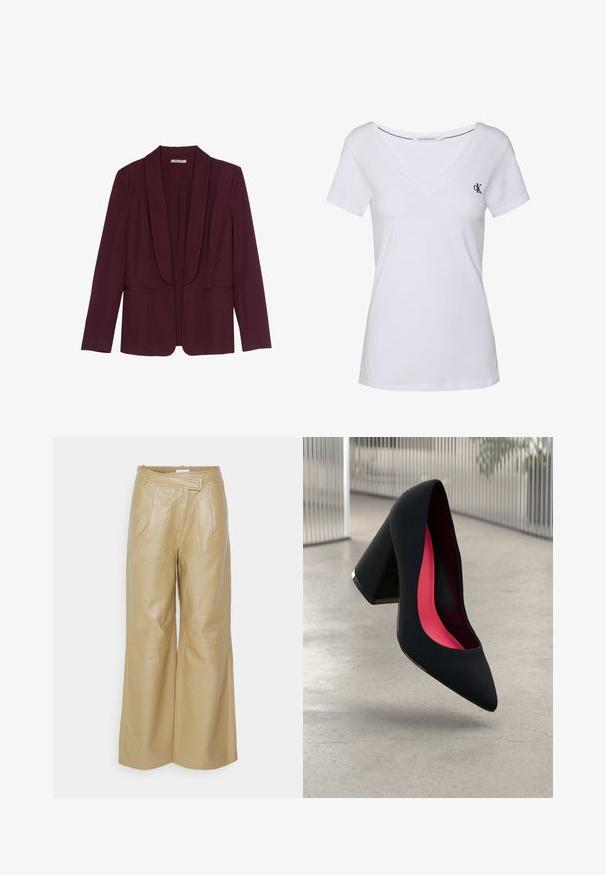 Burgundijas žakete ar šallītes apkakli, divām priekšējām kabatām un gludu auduma tekstūru. Strukturēta piegriezuma ar garām piedurknēm un bez pogām.; Baltas kokvilnas T-krekls ar īsām piedurknēm, V veida kakla dizains, ar nelielu jūras zilas krāsas logo uz kreisās krūšu daļas un taisnu apakšmali.; Bežīgas ādas plašas bikses ar augstu jostasvietu, ar krokām, jostu cilpiņām un gludu tekstūru.; Melna augstpapēžu kurpe ar smailu purngalu un fakturētu augšdaļu. Iekšpusē spilgti rozā oderējums. Kvadrātveida papēdis ar metālisku rotājumu pie pamata.