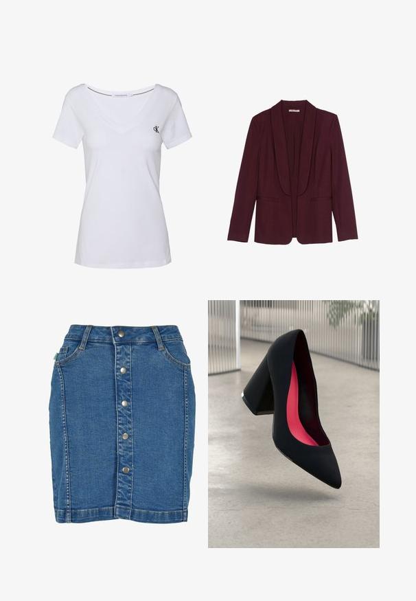 Burgundyröd blazer med sjalkrage, dubbla framfickor och en mjuk tygyta. Strukturerad passform med lång ärm och utan knappar.; Vit bomullströja med korta ärmar, designad med v-ringning, med en liten marinblå logotyp på vänster bröst och rak nederkant.; Denimkjol med framknäppning, en figurnära design, ljusblå färg och subtila sömdetaljer.; Svart högklackad sko med spetsig tå, texturerad yta och en livlig rosa inredning. Har en kraftig klack med silverdetaljer.
