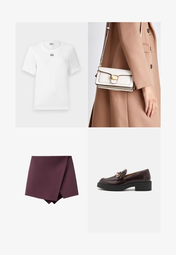Burgundy sako s šálovým límcem, dvojicí předních kapes a jemnou texturou materiálu. Strukturovaný střih s dlouhými rukávy a bez knoflíků.; Bílý bavlněný tričko s krátkým rukávem, na hrudi má malý černý grafický design tváře se srdíčkovýma očima a rovnými ústy.; Tmavě fialová asymetrická mini sukně s designem překrývání a hladkým povrchem.; Hnědé kožené mokasíny se zlatou sponou, černým blokovým podpatkem a hladkým povrchem. Boční pohled ukazuje zaoblenou špičku a prošívané detaily.; Bílá kožená crossbody taška se zlatým uzávěrem, která se vyznačuje strukturovaným designem, kontrastními okraji a tenkým nastavitelným popruhem.