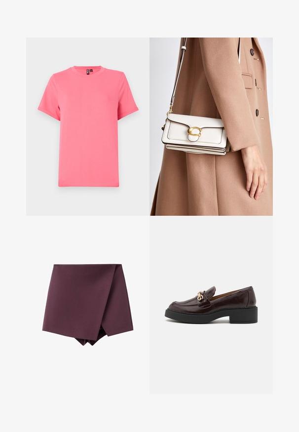 Burgundský blejzer s golierom, dvojitými prednými vreckami a hladkým textúrou látky. Struktúrovaný strih s dlhými rukávmi a bez gombíkov.; Svetlo ružové tričko s krátkym rukávom vyrobené z jemnej bavlny; má okrúhly výstrih a voľný strih, s olemovanými rukávmi a hladkou textúrou.; Tmavofialová asymetrická minisukňa s dizajnom do záhybu a hladkým povrchom.; Hnedé kožené loafery s zlatým akcentom v podobe spony, čierny blokový podpätok a hladká textura. Bočný pohľad ukazuje zaoblenú špičku a prešívanie.; Biela kožená crossbody taška so zlatým zapínaním, s pevnou konštrukciou, kontrastnými okrajmi a tenkým nastaviteľným popruhom.