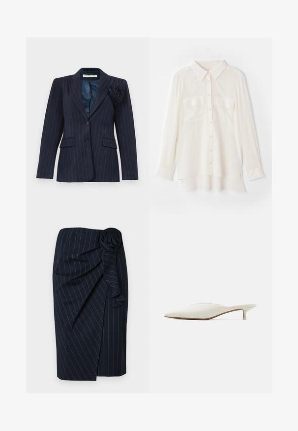 Marineblauwe blazer met een streeppatroon, twee knopen, klepzakken, een afgeknipte kraag en een stoffen bloem gespeld op de linker revers.; Witte overhemd met knopen, gemaakt van lichtgewicht stof. Heeft een klassieke kraag, twee borstzakken en een iets langere achterkant.; Marineblauwe knielange rok met witte streepjes, wikkeldesign en een stoffen rozetdetail in de taille.; Puntige muiltjes in off-white stof. Voorzien van een lage hak en subtiele stikdetails langs de bovenkant. Gladde textuur, minimalistisch ontwerp.
