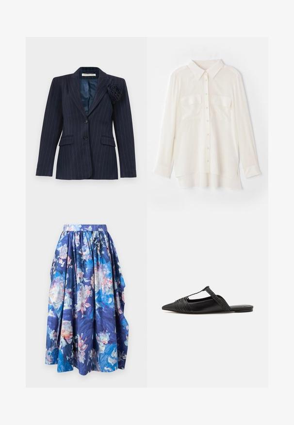 Sötétkék csíkozott zakó, két gombbal, hajtóka zsebekkel, kihajtott gallérral és bal oldali hajtókán egy textilvirággal.; Könnyű anyagból készült fehér gombos ing. Klasszikus gallérral, két mellzsebbel, és enyhén hosszabb hátsó szegéllyel rendelkezik.; Kék virágmintás midi szoknya ráncolt derékkal és puha redőkben, rózsaszín, fehér és világoskék árnyalatokkal tengerészkék háttéren.; Fekete bőr slingback cipő hegyes orral, szőtt díszítéssel és redőzött felső dizájnnal. Lapos talp minimális hardverrel.