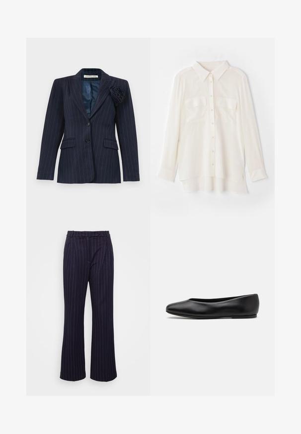 Mornarsko plavi sako s prugama, s dva dugmeta, džepovima s preklopom, oštrim kragnom i cvijetom od tkanine pričvršćenim na lijevoj reveru.; Bijela košulja s dugim rukavima od lagane tkanine. Ima klasičnu kragnu, dva džepa na prsima i blago duži stražnji rub.; DESIGNERS REMIX ZOE PANTS - Hlače - navy/white; Paul Smith TOPANGA - Balerinke - black