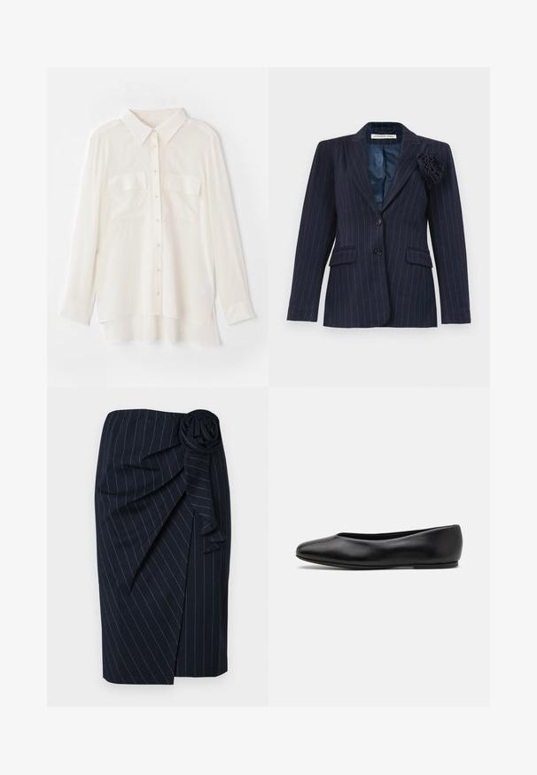Granatowa marynarka w prążki z dwoma guzikami, kieszeniami z klapami, kołnierzykiem z wycięciem i materiałowym kwiatem przypiętym na lewej klapie.; Biała koszula zapinana na guziki wykonana z lekkiego materiału. Posiada klasyczny kołnierzyk, dwie kieszenie na piersiach oraz nieco dłuższy tylny brzeg.; Granatowa spódnica do kolan z białymi paskami, zapinana na krzyż, z kwiatowym detalem z tkaniny w talii.; Paul Smith TOPANGA czarny