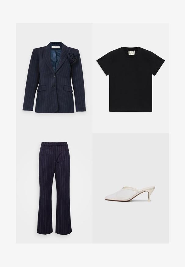 Navy blue pinstripe blazer with two buttons, flap pockets, a notched collar, and a fabric flower pinned on the left lapel.; Black short-sleeve crew neck t-shirt with a white tag inside the collar labeled "D.R.C. EST. 2002" on a white background.; DESIGNERS REMIX ZOE PANTS - Trousers - navy/white; White mesh pointed-toe mule with a slim mid-height heel and slip-on design against a plain background.