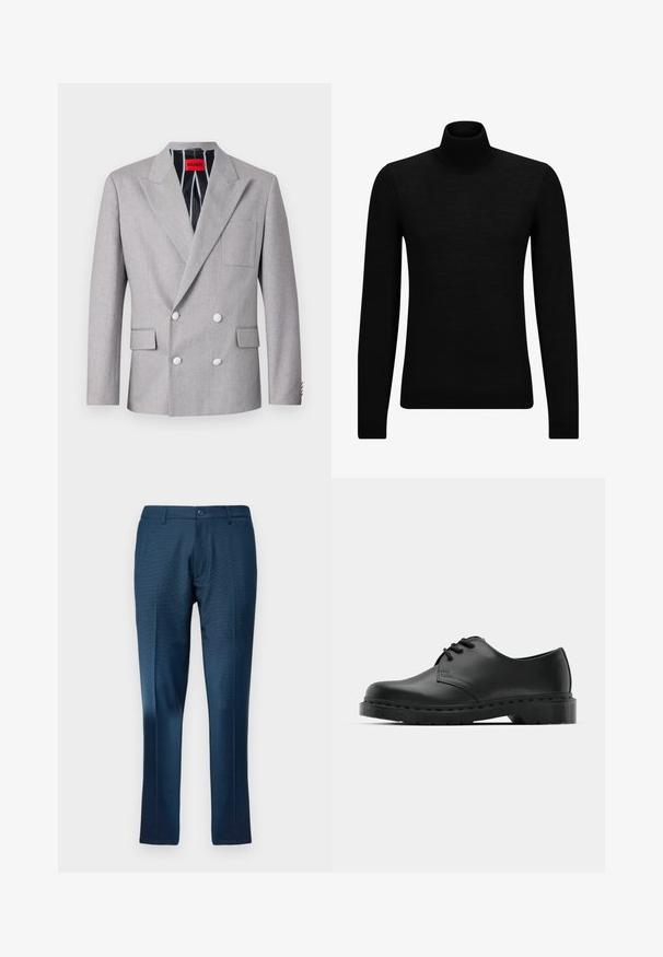 Grå dobbeltradet blazer lavet af tekstureret stof. Har spidse klapper, to forlommer og hvide knapper. Fôret med stribet mønster.; Sort turtleneck sweater lavet af blødt materiale, med lange ærmer og en tætsiddende pasform. Ribbet trim ved kanten og manchetter. Simpelt design.; Mørkeblå bukser med et subtilt ternet mønster, lavet af glat stof, med knaplukning og lige ben.; Sorte læder oxford-sko med snørebåndsdesign, rund tå, flad gummisål og subtil syning langs overdelen.