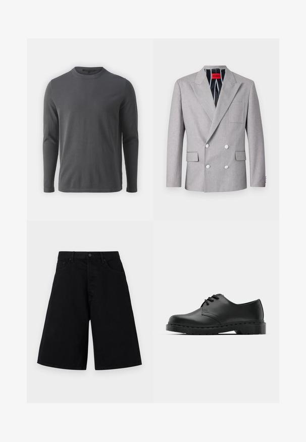 Siva dvoredna blazer jakna iz teksturirane tkanine. Ima ukošene reverje, dve sprednji žepu in bele gumbe. Podložena je s črtastim vzorcem.; Siva dolgi rokav z majico iz mehke tkanine. Ima okrogel ovratnik, ravno spodnji rob in minimalističen dizajn brez vzorcev ali poudarkov.; Črni denim kratki hlače z ohlapnim krojem, s klasično pet-pocket zasnovo in gumbnim zapiranjem, gladko teksturo in ravnim krojem noge.; Črne usnjene oksford čevlje z vezalkami, zaobljenim prstom, ravnim gumijastim podplatom in diskretnim šivanjem po zgornjem delu.