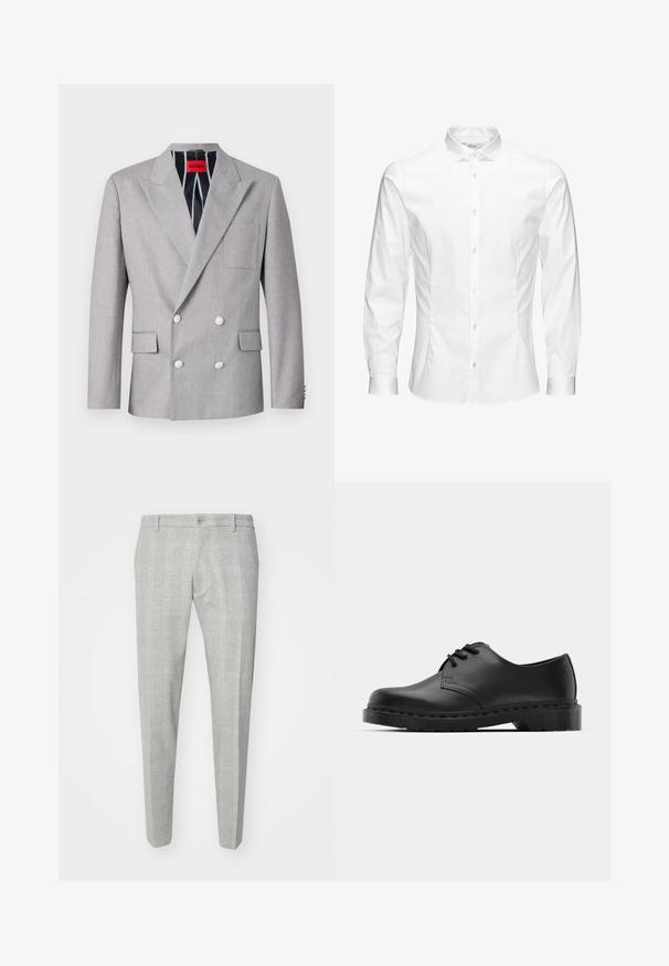 Grauer doppelt-knöpfiger Blazer aus strukturiertem Stoff. Mit spitzen Revers, zwei vorderen Taschen und weißen Knöpfen. Gefüttert mit gestreiftem Muster.; Weißes langärmeliges Hemd mit Knopfleiste aus glattem Stoff. Verfügt über einen klassischen Kragen, eine durchgehende Knopfleiste und Ein-Knopf-Manschetten. Figurbetonter Schnitt.; Grau kariierte Hose mit maßgeschneiderter Passform, mit flachem Frontdesign, einem einzelnen Knopfverschluss und Gürtelschlaufen. Aus einem glatten Stoff gefertigt.; Schwarze Leder-Oxford-Schuhe mit Schnürdesign, runder Zehenform, flacher Gummisohle und subtilen Nähten entlang des oberen Teils.