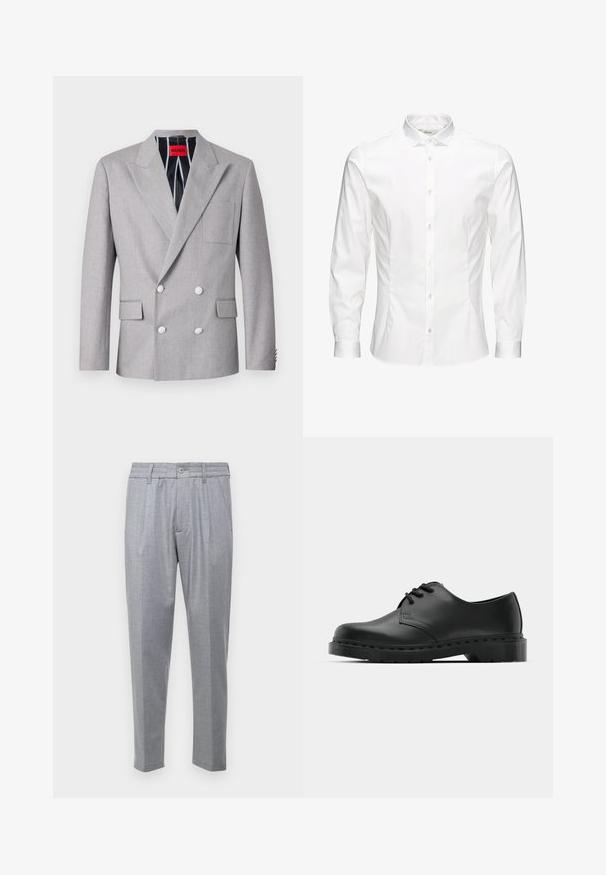 Gray double-breasted blazer made of textured fabric. Features peaked lapels, two front pockets, and white buttons. Lined with striped pattern.; White long-sleeve button-up shirt made of smooth fabric. Features a classic collar, front buttons, and single-button cuffs. Slim fit design.; Light gray trousers with a textured fabric, featuring pleats, a classic waistband, and tapered legs. Button closure at the front.; Black leather oxford shoe with lace-up design, rounded toe, flat rubber sole, and subtle stitching detail along the upper.