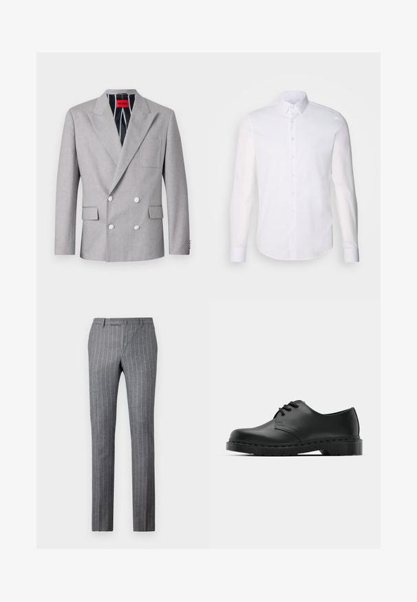 Pilkos spalvos dvigubos eilės švarkas, pagamintas iš tekstūruotos medžiagos. Savybių sąraše yra iškilios apykaklės, dvi priekinės kišenės ir baltos mygtukai. Išklotas dryžuotu raštu.; Baltas ilgas rankoves mygtukinis marškinys, pagamintas iš medvilnės, su klasikinio tipo apykakle, priekyje esančiais mygtukais ir minimaliais siuvinėjimo detalėmis.; Pilkos juostelės kelnės, pagamintos iš tekstūruoto audinio, su klasikiniu dizainu, tiesiu siluetu ir dviem priekinėmis kišenėmis.; Juodos odinės oksfordo bateliai su raištelių užsegimu, apvaliu pirštu, plokščiu guminiu padu ir subtiliu siuvimo akcentu viršuje.