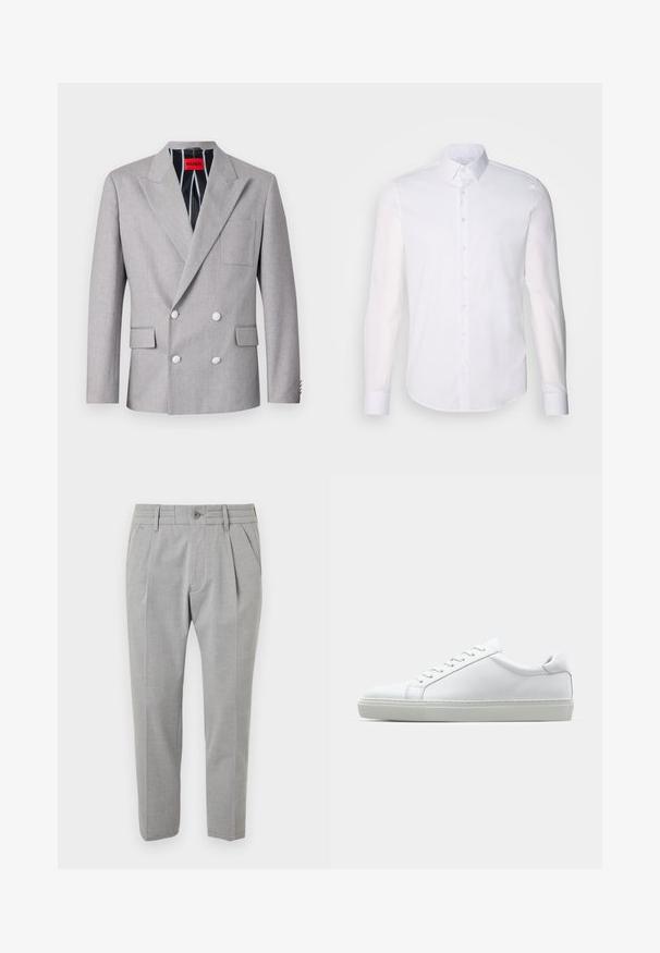 Siva dvoredna blazer jakna iz teksturirane tkanine. Ima ukošene reverje, dve sprednji žepu in bele gumbe. Podložena je s črtastim vzorcem.; Bela srajca z dolgimi rokavi in gumbom, izdelana iz bombaža, z klasičnim ovratnikom, sprednjimi gumbi in minimalnimi šivi.; Sive prilagojene hlače z gladko teksturo, z naborki, sprednjimi žepi, pasom s passom in gumbom za zapiranje.; Bela športna obutev z gladkim usnjenim zgornjim delom in nizkim profilom. Ima zaokrožen nos, šest lukenj za vezalke in teksturiran gumijast podplat.