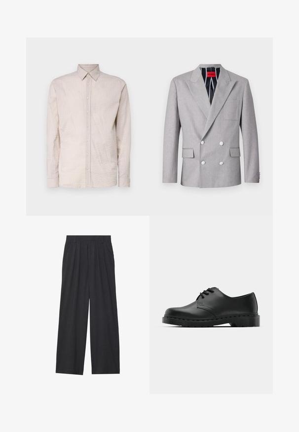 Szürke, kétsoros blézer, textúrált anyagból készült. Csúcsos reverje van, két elülső zsebbel és fehér gombokkal. Csíkos mintájú béléssel rendelkezik.; Világos bézs hosszú ujjú ing gombos kivágással, texturált mintával, gallérral és az elején illeszkedő gomb részletekkel.; Sötétszürke anyagból készült, bő szárú nadrág. Ráncokkal a deréknál, elegáns fazonnal és egyenes sziluettel rendelkezik.; Fekete bőr oxford cipő fűzős kialakítással, kerek orral, lapos gumitalppal és finom varrással a felső részen.