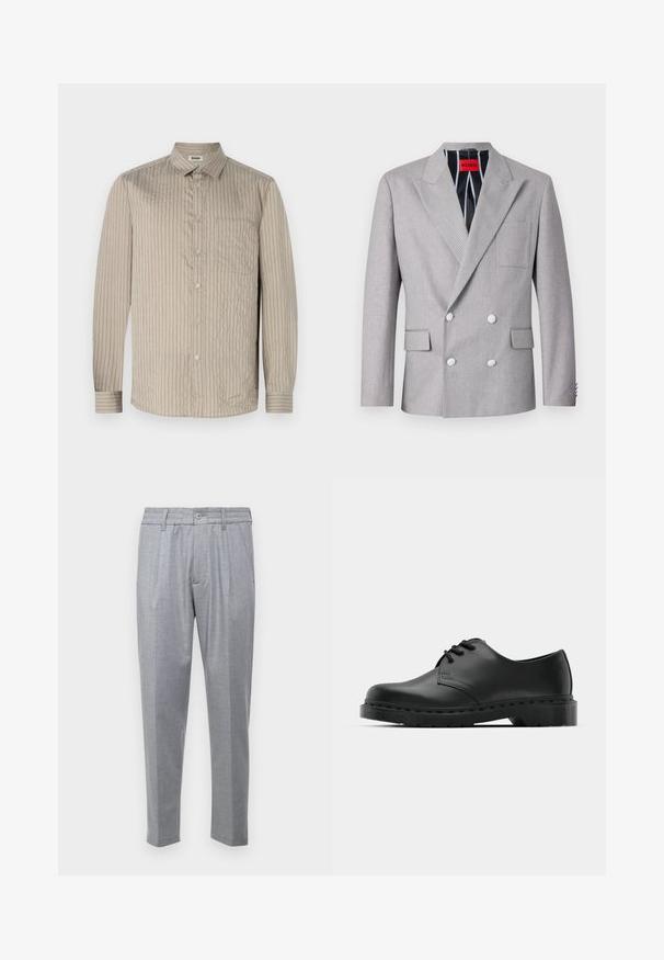 Blazer grigio doppiopetto realizzato in tessuto testurizzato. Presenta rever a punta, due tasche frontali e bottoni bianchi. Fodera con motivo a righe.; Camicia button-up beige chiaro con righe verticali, maniche lunghe, colletto e taschino sul petto. Realizzata in tessuto testurizzato con una finitura morbida.; Pantaloni grigi chiari con tessuto testurizzato, caratterizzati da pieghe, una vita classica e gambe affusolate. Chiusura a bottoni sul davanti.; Scarpa oxford in pelle nera con design con lacci, punta arrotondata, suola piatta in gomma e dettagli di cucitura discreti lungo la parte superiore.