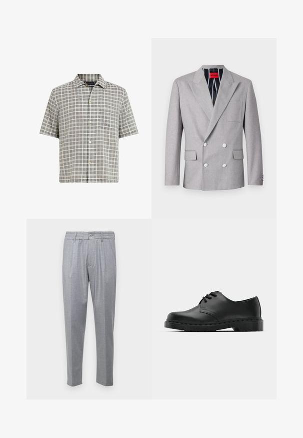 Blazer grigio doppiopetto realizzato in tessuto testurizzato. Presenta rever a punta, due tasche frontali e bottoni bianchi. Fodera con motivo a righe.; Camicia a maniche corte in motivo check grigio, con colletto a camicia, taschino frontale e tessuto leggero con accenti color crema.; Pantaloni grigi chiari con tessuto testurizzato, caratterizzati da pieghe, una vita classica e gambe affusolate. Chiusura a bottoni sul davanti.; Scarpa oxford in pelle nera con design con lacci, punta arrotondata, suola piatta in gomma e dettagli di cucitura discreti lungo la parte superiore.