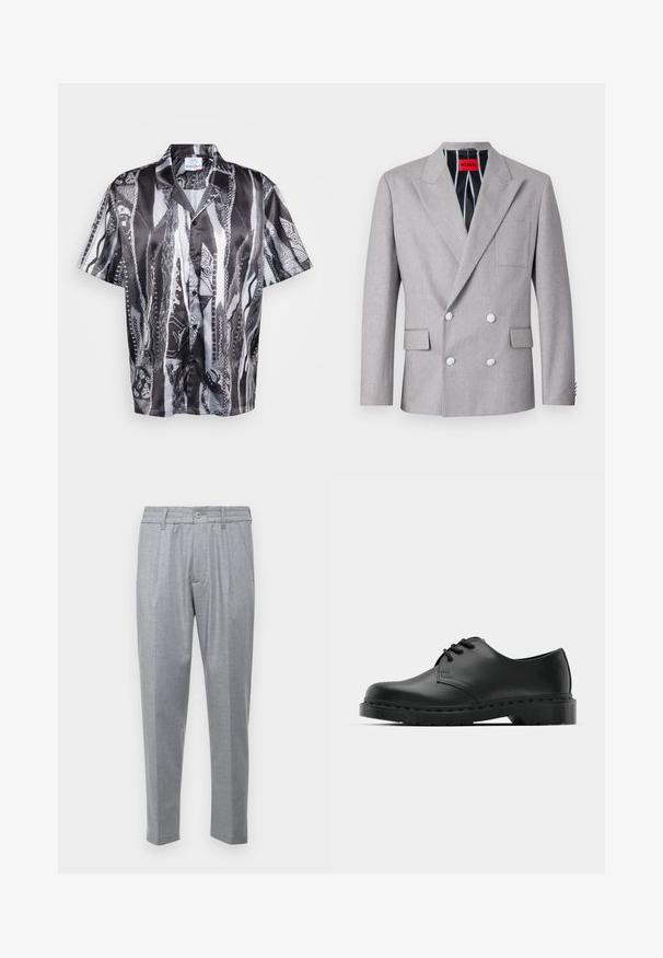 Harmaa kaksirivinen bleiseri, joka on valmistettu tekstuurista kankaasta. Varustettu terävillä puolikääntökauluksilla, kahdella etupussilla ja valkoisilla napeilla. Vuorattu raidallisella kuviolla.; Lyhythihainen nappipaita musta-valkoisella teksturoidulla käärmeennahkakuviolla, jossa on rento kaulus ja sileä kangaspinta.; Vaaleanharmaat housut, joissa on teksturoitu kangas, laskokset, klassinen vyötärö ja kapenevat lahkeet. Nappisulku edessä.; Musta nahkainen oxford-kengät, joissa on nauhakiinnitys, pyöreä kärki, litteä kumipohja ja hillitty ompelutaito yläosassa.