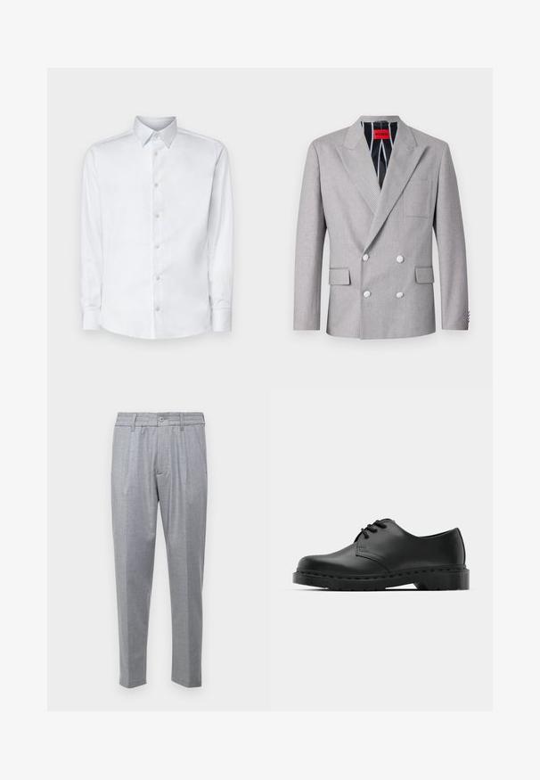 Blazer gris de doble botonadura hecho de tela texturizada. Presenta solapas en picos, dos bolsillos frontales y botones blancos. Forrado con un patrón a rayas.; Camisa blanca de manga larga hecha de tela suave, con un cuello clásico, tapeta de botones y puños con botones, presentada sobre un fondo liso.; Pantalones gris claro con un tejido texturizado, presentan pliegues, una cinturilla clásica y piernas entalladas. Cierre de botón en la parte delantera.; Zapato oxford de cuero negro con diseño de cordones, punta redonda, suela de goma plana y un sutil detalle de costura en la parte superior.