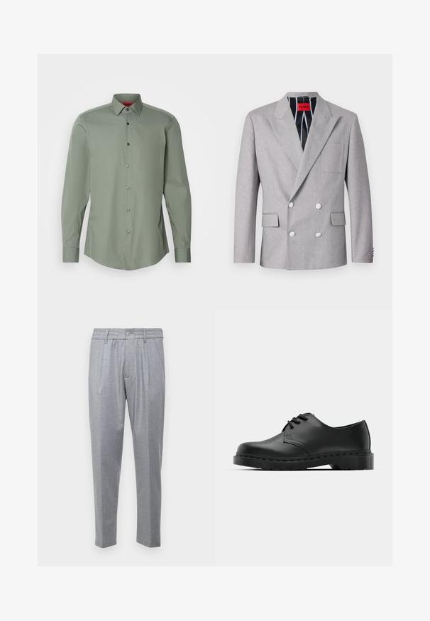 Pilkos spalvos dvigubos eilės švarkas, pagamintas iš tekstūruotos medžiagos. Savybių sąraše yra iškilios apykaklės, dvi priekinės kišenės ir baltos mygtukai. Išklotas dryžuotu raštu.; Ilga rankovė marškiniai tamsiai žaliai, lengvas audinys. Yra mygtukų apykaklė, pilki mygtukai ir suapvalintas kraštas.; Šviesiai pilki kelnės su tekstūruotu audiniu, turinčios raukšles, klasikinį liemenį ir siaurėjantį siluetą. Priekyje yra mygtuko užsegimas.; Juodos odinės oksfordo bateliai su raištelių užsegimu, apvaliu pirštu, plokščiu guminiu padu ir subtiliu siuvimo akcentu viršuje.
