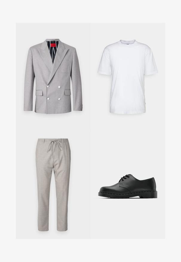 Grijze dubbelvoudige blazer van textuurstof. Heeft pieklapels, twee voorzakken en witte knopen. Voering met gestreept patroon.; Witte katoenen t-shirt met een ronde hals, korte mouwen en een rechte zoom. Heeft een klein merktag aan de linkerkant van de zijnaad.; DRYKORN DEGER - Broek - brown; Zwarte leren oxford schoenen met vetersluiting, ronde neus, platte rubberen zool en subtiele stiksel details langs het bovenwerk.