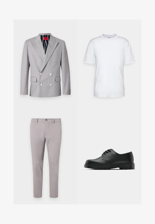 Blazer gris de doble botonadura hecho de tela texturizada. Presenta solapas en picos, dos bolsillos frontales y botones blancos. Forrado con un patrón a rayas.; Camiseta de algodón blanca con cuello redondo, mangas cortas y dobladillo recto. Cuenta con una pequeña etiqueta de la marca en la costura lateral izquierda.; Chinos de algodón grises con una textura suave, corte ajustado, cierre frontal de botón y bolsillos laterales. Diseño hasta el tobillo con un detalle mínimo.; Zapato oxford de cuero negro con diseño de cordones, punta redonda, suela de goma plana y un sutil detalle de costura en la parte superior.