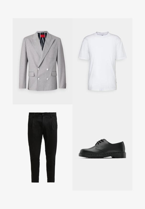 Grijze dubbelvoudige blazer van textuurstof. Heeft pieklapels, twee voorzakken en witte knopen. Voering met gestreept patroon.; Witte katoenen t-shirt met een ronde hals, korte mouwen en een rechte zoom. Heeft een klein merktag aan de linkerkant van de zijnaad.; Zwarte broek van geweven stof, met een vlakke voorkant, twee plooien, een enkele knoopsluiting en een taps toelopend ontwerp.; Zwarte leren oxford schoenen met vetersluiting, ronde neus, platte rubberen zool en subtiele stiksel details langs het bovenwerk.