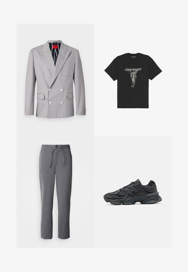 Grijze dubbelvoudige blazer van textuurstof. Heeft pieklapels, twee voorzakken en witte knopen. Voering met gestreept patroon.; Zwarte katoenen t-shirt met korte mouwen, afgewerkt met een frontale afbeelding van een standbeeld en het woord "REPENT" in vetgrijze letters.; Grijze sweatpants gemaakt van zachte stof, met een trekkoord in de taille, rechte pijpen en een eenvoudig, onversierd design.; Zwarte hardloopschoen met een mix van mesh en synthetische materialen, een stevige zool, gebogen ontwerp en prominente branding op de zijkant.