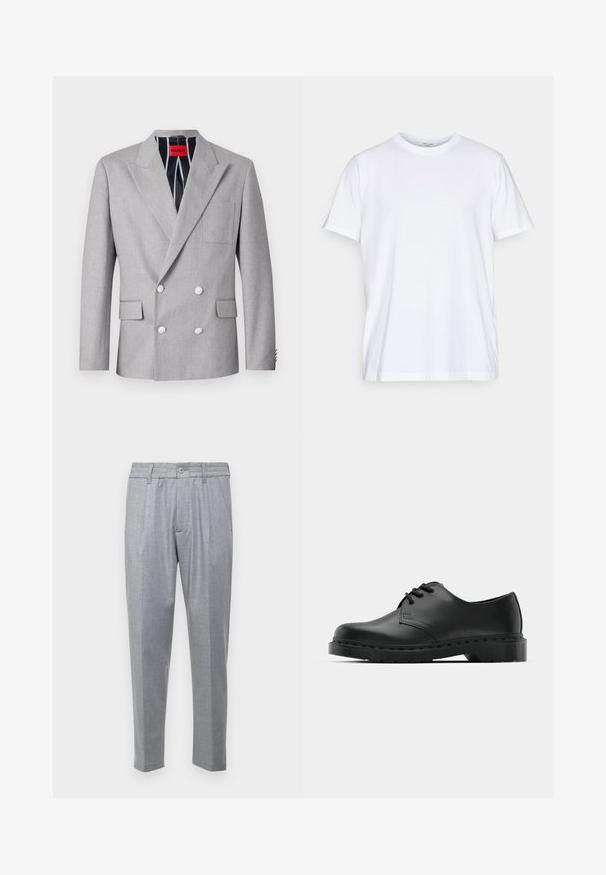 Harmaa kaksirivinen bleiseri, joka on valmistettu tekstuurista kankaasta. Varustettu terävillä puolikääntökauluksilla, kahdella etupussilla ja valkoisilla napeilla. Vuorattu raidallisella kuviolla.; Valkoinen puuvillainen t-paita, jossa on lyhyet hihat, pyöreä pääntie ja rento leikkaus. Ominaisuudet minimalistinen muotoilu, ei kuvioita tai korostuksia.; Vaaleanharmaat housut, joissa on teksturoitu kangas, laskokset, klassinen vyötärö ja kapenevat lahkeet. Nappisulku edessä.; Musta nahkainen oxford-kengät, joissa on nauhakiinnitys, pyöreä kärki, litteä kumipohja ja hillitty ompelutaito yläosassa.