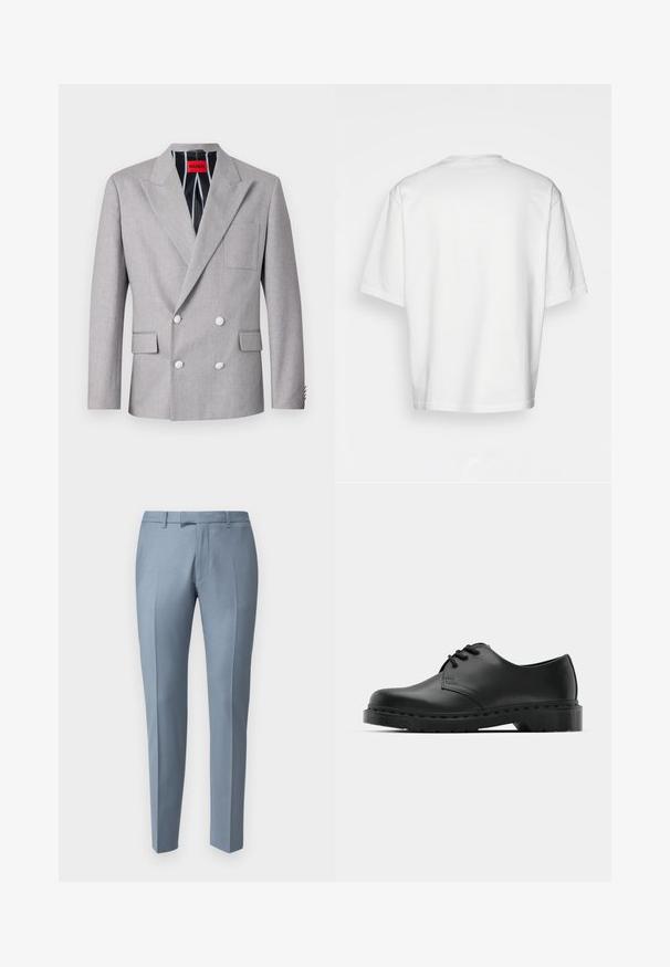 Gray double-breasted blazer made of textured fabric. Features peaked lapels, two front pockets, and white buttons. Lined with striped pattern.; White short-sleeve t-shirt, loose fit, round neckline, smooth cotton fabric, unembellished back, straight hemline, no patterns or accents.; Light blue tailored trousers made of a smooth fabric, featuring a flat front, straight legs, and subtle crease detailing.; Black leather oxford shoe with lace-up design, rounded toe, flat rubber sole, and subtle stitching detail along the upper.
