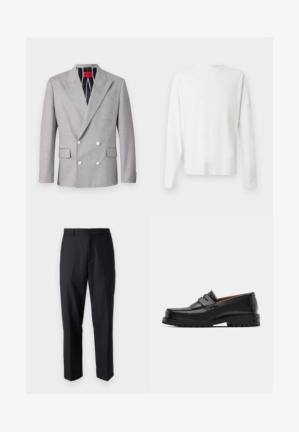 Gray double-breasted blazer made of textured fabric. Features peaked lapels, two front pockets, and white buttons. Lined with striped pattern.; Long-sleeved white cotton shirt with a round neckline, side slits at the bottom, and a smooth texture, displayed from the back.; Black pinstriped trousers with a straight fit, featuring a smooth fabric texture, waistband with belt loops, and a single button closure.; Black leather loafers feature a raised seam, two decorative straps on the upper, and a thick textured sole for added grip.