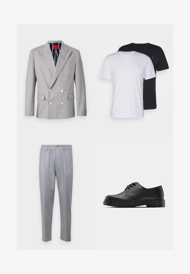 Harmaa kaksirivinen bleiseri, joka on valmistettu tekstuurista kankaasta. Varustettu terävillä puolikääntökauluksilla, kahdella etupussilla ja valkoisilla napeilla. Vuorattu raidallisella kuviolla.; Kaksi puuvillan t-paitaa, valkoinen ja musta, lyhythihaiset ja pyöreällä kaula-aukolla, joissa on pieni logo rinnassa, sileä pinta.; Vaaleanharmaat housut, joissa on teksturoitu kangas, laskokset, klassinen vyötärö ja kapenevat lahkeet. Nappisulku edessä.; Musta nahkainen oxford-kengät, joissa on nauhakiinnitys, pyöreä kärki, litteä kumipohja ja hillitty ompelutaito yläosassa.