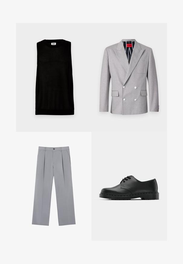 Grå dubbelknäppt kavaj i texturerad tyg. Har spetsiga slag, två framfickor och vita knappar. Fodrad med randigt mönster.; Svart ärmlös topp i nätmaterial, med rund halsringning, fast kant vid fållen och sidopaneler för ökad andningsförmåga.; Grå veckade byxor med en avslappnad passform, tillverkade av ett lätt material. Har framfickor och ett knäppningshål i midjan.; Svart lädersko i oxford-stil med snörningsdesign, rund tå, platt gummisula och subtila sömdetaljer längs ovandelen.