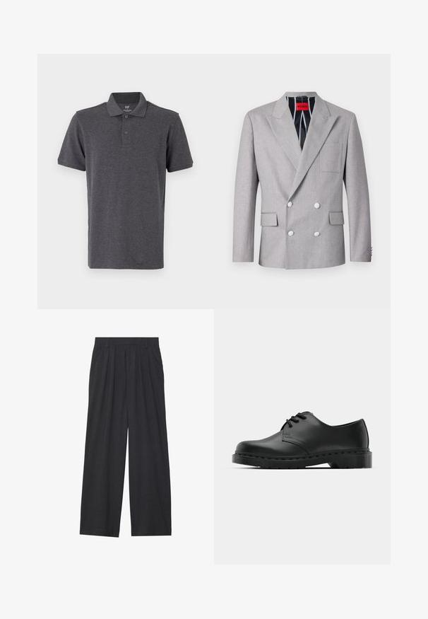 Pelēks divrindas žakets, kas izgatavots no strukturēta auduma. Iedzeltni uzpleci, divas priekšējās kabatas un baltie pogas. Oderējums ar svītrainu rakstu.; GAP Polo krekls - light grey; Platas piegriezuma bikses no tumši pelēka auduma. Iezīmes - izgriezumi jostasvietā, veidota forma un taisna silueta.; Melnas ādas oksfordas kurpes ar auklošanas dizainu, noapaļota purngala, plakana gumijas zole un smalka šuvumu detaļa augšējā daļā.