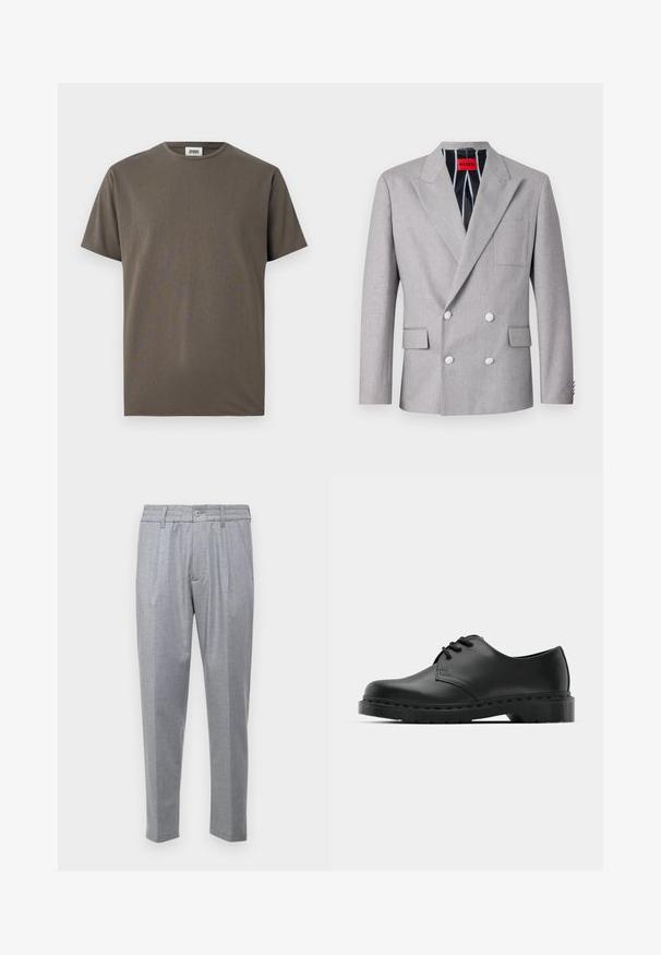 Šedý dvouřadý blejzr vyrobený z texturované tkaniny. Má špičaté klopy, dvě přední kapsy a bílé knoflíky. Podšité s pruhovaným vzorem.; Olivově zelené bavlněné tričko, krátké rukávy, kulatý výstřih, hladká textura, volný střih, bez viditelných vzorů nebo akcentů.; Světle šedé kalhoty s texturální tkaninou, se sklady, klasickým pasem a zúženými nohavicemi. Zapínání na knoflík vpředu.; Černé kožené oxfordy s šněrováním, zakulacenou špičkou, plochou gumovou podrážkou a jemným prošíváním podél svršku.