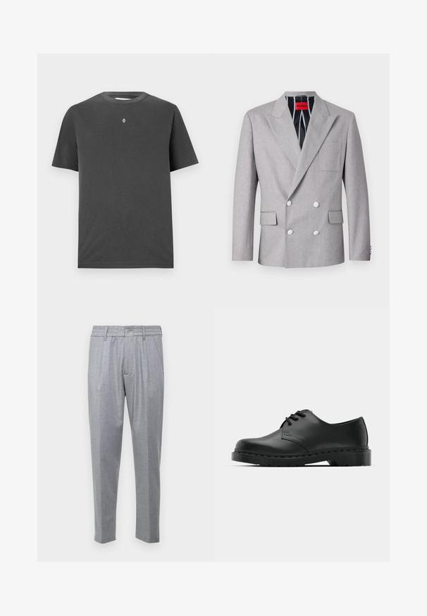 Blazer gri cu două rânduri de nasturi, realizat dintr-un material texturat. Dispune de rever ascuțite, două buzunare frontale și nasturi albi. Captușit cu un model în dungi.; Tricou din bumbac gri închis, cu guler rotund și mâneci scurte; are un mic logo alb, centrat pe piept.; Pantaloni gri deschis dintr-un material texturat, având pliseuri, o talie clasică și picioare conice. Închidere cu nasture în partea din față.; Shoe oxford din piele neagră, cu sistem de închidere cu șireturi, vârf rotunjit, talpă plată din cauciuc și detalii de cusătură subtile pe partea superioară.