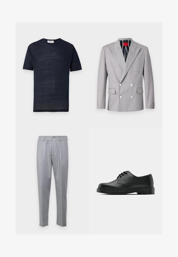 Šedý dvouřadý blejzr vyrobený z texturované tkaniny. Má špičaté klopy, dvě přední kapsy a bílé knoflíky. Podšité s pruhovaným vzorem.; Tmavě modré tričko s krátkým rukávem vyrobené z lehké, texturované tkaniny. Disponuje klasickým kulatým výstřihem a pohodlným střihem.; Světle šedé kalhoty s texturální tkaninou, se sklady, klasickým pasem a zúženými nohavicemi. Zapínání na knoflík vpředu.; Černé kožené oxfordy s šněrováním, zakulacenou špičkou, plochou gumovou podrážkou a jemným prošíváním podél svršku.