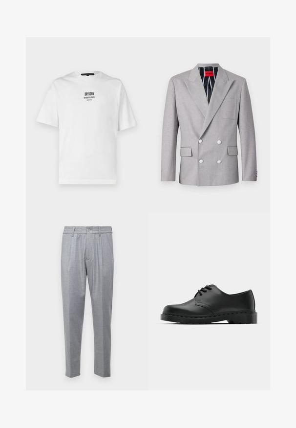 Grå dobbeltradet blazer lavet af tekstureret stof. Har spidse klapper, to forlommer og hvide knapper. Fôret med stribet mønster.; Hvid bomulds t-shirt med kortærmer, rund halsudskæring og sort trykt tekst "DRYKORN FOR BEAUTIFUL PEOPLE" på forsiden.; Lys grå bukser i et struktureret stof, med folder, en klassisk talje og smalle ben. Knaplukning foran.; Sorte læder oxford-sko med snørebåndsdesign, rund tå, flad gummisål og subtil syning langs overdelen.