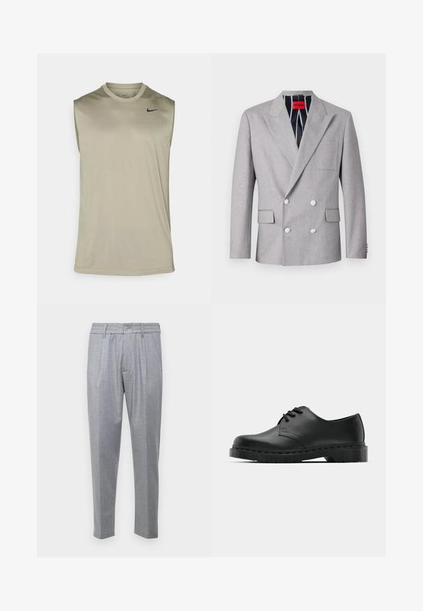 Blazer gris de doble botonadura hecho de tela texturizada. Presenta solapas en picos, dos bolsillos frontales y botones blancos. Forrado con un patrón a rayas.; Nike Performance TEE RESET - Top - light army/black; Pantalones gris claro con un tejido texturizado, presentan pliegues, una cinturilla clásica y piernas entalladas. Cierre de botón en la parte delantera.; Zapato oxford de cuero negro con diseño de cordones, punta redonda, suela de goma plana y un sutil detalle de costura en la parte superior.