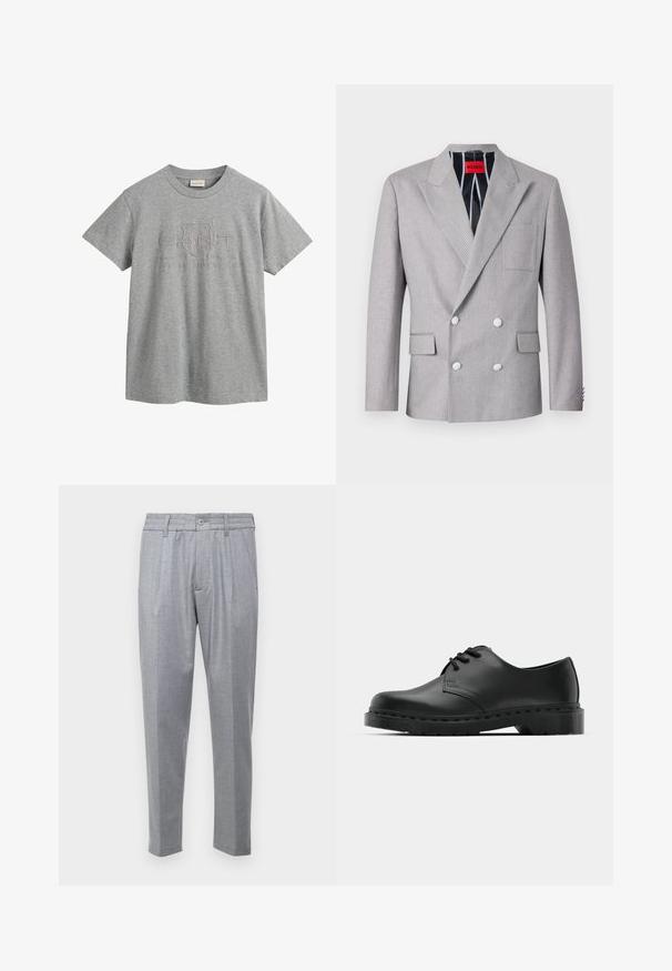 Pelēks divrindas žakets, kas izgatavots no strukturēta auduma. Iedzeltni uzpleci, divas priekšējās kabatas un baltie pogas. Oderējums ar svītrainu rakstu.; Pelēkas kokvilnas T-krekls ar īsām piedurknēm un apaļu kakla izgriezumu, ar izvirzītu logo dizainu, kas iekļauj "GANT" un "American Sportswear."; Gai pelēki bikses ar teksturētu audumu, ar krokām, klasisku jostasvīru un sašaurinātām kājām. Pogas aizdare priekšā.; Melnas ādas oksfordas kurpes ar auklošanas dizainu, noapaļota purngala, plakana gumijas zole un smalka šuvumu detaļa augšējā daļā.