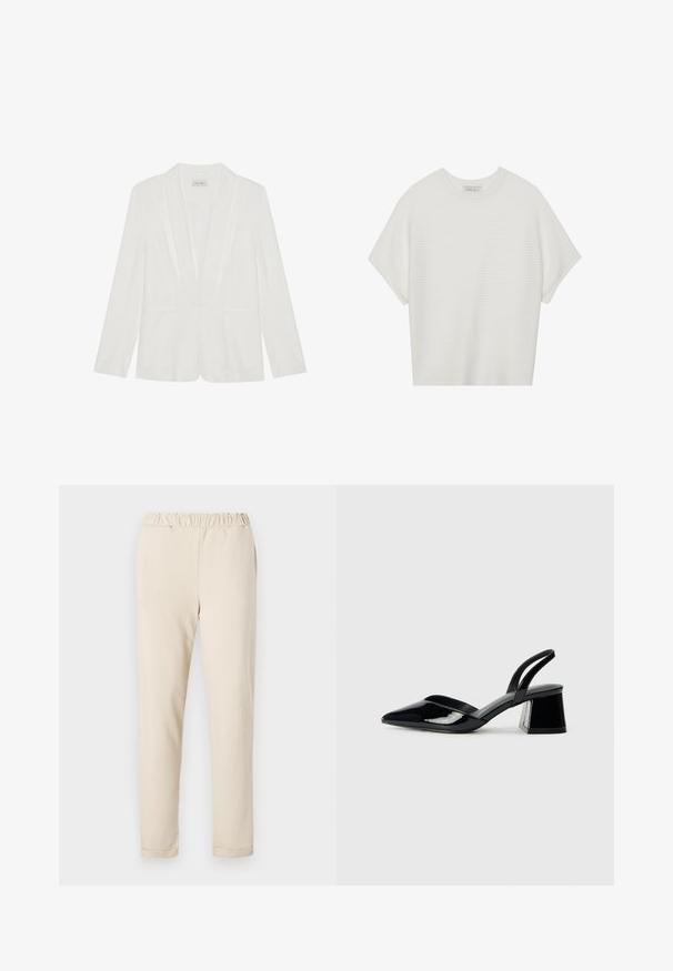 Hvid blazer med sjalslapels, to forlommer og lange ærmer. Glat tekstur, skræddersyet pasform og minimalistiske designdetaljer.; Hvid kortærmet t-shirt med en bred rund hals og struktureret ribbet mønster, lavet af blødt stof, med en afslappet pasform og et enkelt design.; Beige bomuldsbukser med en samlet talje, lige ben-design og ingen synlige mønstre, der har en glat tekstur og en simpel kant.; Sorte patentlæder slingback hæle med spids tå og en geometrisk blok hæl. Har et elegant, minimalistisk design og en glat tekstur.
