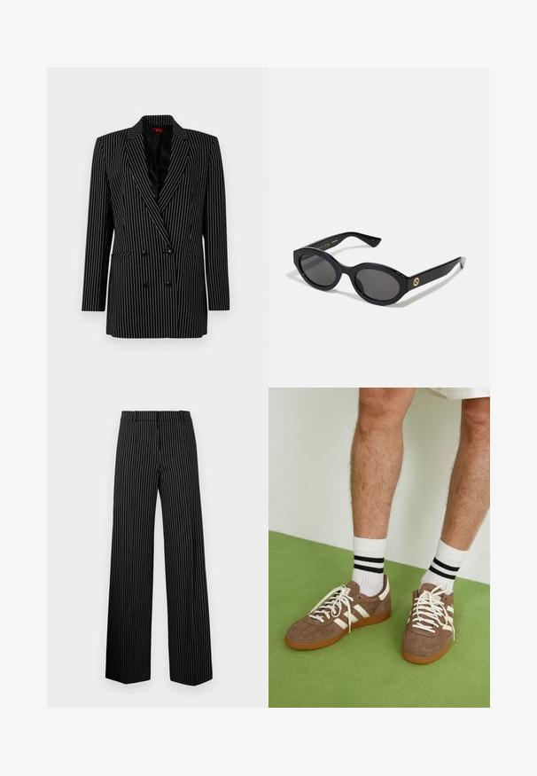 Black double-breasted blazer with white pinstripes, sharp lapels, long sleeves, textured fabric, and front pockets.; Light blue striped long-sleeve shirt made of cotton, featuring a pointed collar, button closure, and an embroidered logo on the chest.; White cotton t-shirt with short sleeves and a round neckline. Features a relaxed fit and minimal design with no patterns or accents.; Black wide-leg trousers with white vertical stripes. Features a flat waistband and straight hems, made from a smooth, lightweight fabric.; Brown suede sneakers with white accents and laces. Rubber gum sole. Worn with white socks featuring black stripes. Green textured flooring.; Black oval sunglasses with dark lenses and glossy plastic frame. Features gold logo on the temple, offering a sleek and modern design.