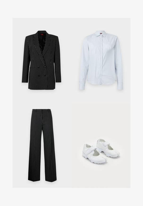 Black double-breasted blazer with white pinstripes, sharp lapels, long sleeves, textured fabric, and front pockets.; Light blue striped long-sleeve shirt made of cotton, featuring a pointed collar, button closure, and an embroidered logo on the chest.; Black wide-leg trousers with white vertical stripes. Features a flat waistband and straight hems, made from a smooth, lightweight fabric.; White athletic shoes featuring a textured upper, adjustable Velcro strap, rounded toe, and a chunky sole with distinct tread pattern.