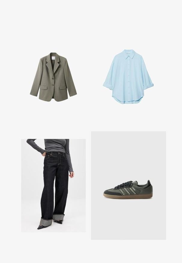 Oliwkowa marynarka z wyłogami, posiadająca dwie przednie kieszenie i dwa guziki. Wykonana z fakturowanej tkaniny, ma pojedynczą kieszeń na piersi.; Jasnoniebieska koszula wykonana z miękkiego materiału, z klasycznym kołnierzykiem, zapięciem na guziki z przodu i podwiniętymi rękawami dla swobodnego kroju.; Czarne dżinsy o szerokich nogawkach z kontrastującą szarym mankietem, złotymi przeszyciami i klasycznym pięciokomorowym układem kieszeni. Miękka denimowa tkanina, luźny krój.; adidas Originals SAMBA OG czarny