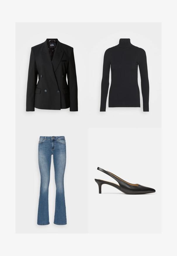 Svart dubbelknäppt blazer i en glansig tygkvalitet, med slagkrage, två framfickor och diskreta knappar för stängning.; Svart ribbad polotröja med långa ärmar och en kroppsnära silhuett. Texturen är slät med ett horisontellt ribbat mönster.; Utsvängda jeans tillverkade av ljusblå denim, med medelhög midja, femfickdesign och subtil blekning på låren och knäna.; Svart pumps i läder med öppen hälrem, spetsig tå och låg kittenklack, sedd från sidan mot en enkel vit bakgrund.
