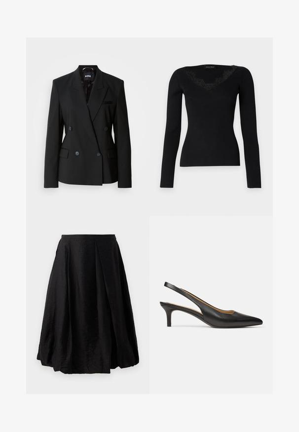 Čierny dvojradový blejzer vyrobený z hladkej tkaniny, s klopovým golierom, dvomi prednými vreckami a diskrétnymi gombíkmi na zapínanie.; Čierny dlhý rukáv rebrovaný top s V-krkom a čipkovými detailami. Textúra látky pôsobí hladko a priliehavo, vhodné na vrstvené outfity.; Čierna plisovaná sukňa vyrobená z ľahkej, štruktúrovanej tkaniny. A-liniový strih s dĺžkou po stredná lýtka a bočným zipom. Žiadne viditeľné vzory.; Čierna kožená slingback lodička s ostrou špičkou a nízkym podpätkom, zobrazená z boku na bielom pozadí.