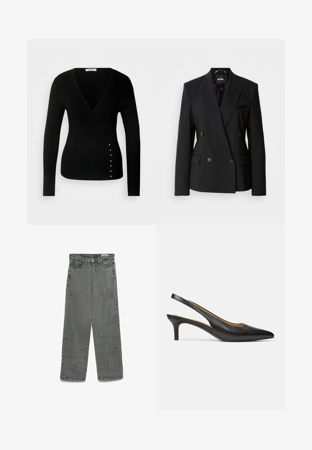 Blazer noir à double boutonnage en tissu lisse, avec un col cranté, deux poches avant et des boutons discrets pour la fermeture.; Haut noir à manches longues côtelé avec un décolleté en V profond et des boutons décoratifs en ton or le long du côté gauche. Tissu doux et ajusté.; Jean gris taille haute avec une coupe droite, fermeture à bouton et à glissière, passants de ceinture, et poches avant et arrière.; Escarpin slingback en cuir noir avec bout pointu et petit talon kitten, vu de côté sur un fond blanc uni.